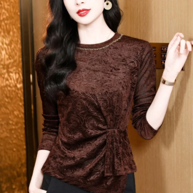 New Designer O-Collar Beaded Rose Velvet T-shirt For Women Spring Long Sleeved Korean Slim Top Female Fashion Irregular Tees