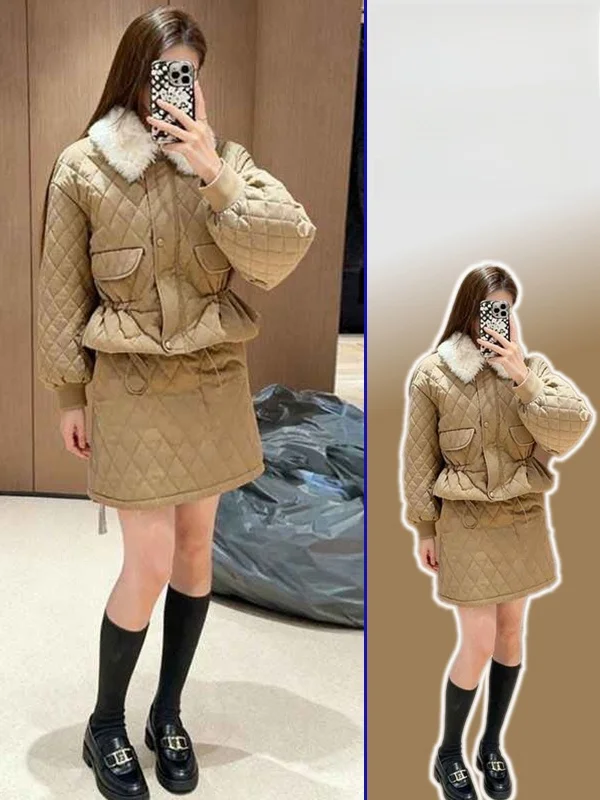 

plus Size Winter Warm Quilted Cotton Jaet Women's Faion mat Sle f Skirt Two-Piece Set High Waist ort Length