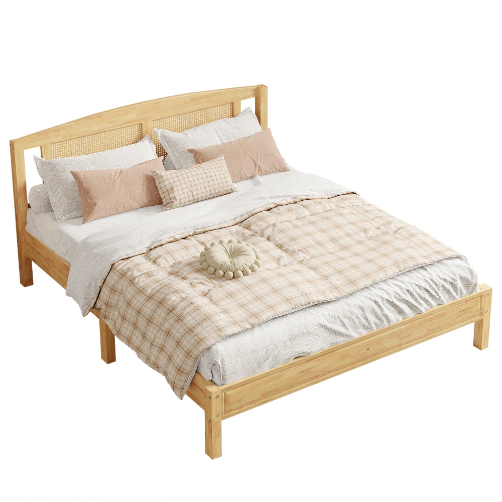 PINGGO Naturrattan-Doppelbett 160x200cm Kiefernholz PE-Rattan 15 Latten Mittelstützfüße Rattan-Netzkissen Ohne Matratze – Detail 8