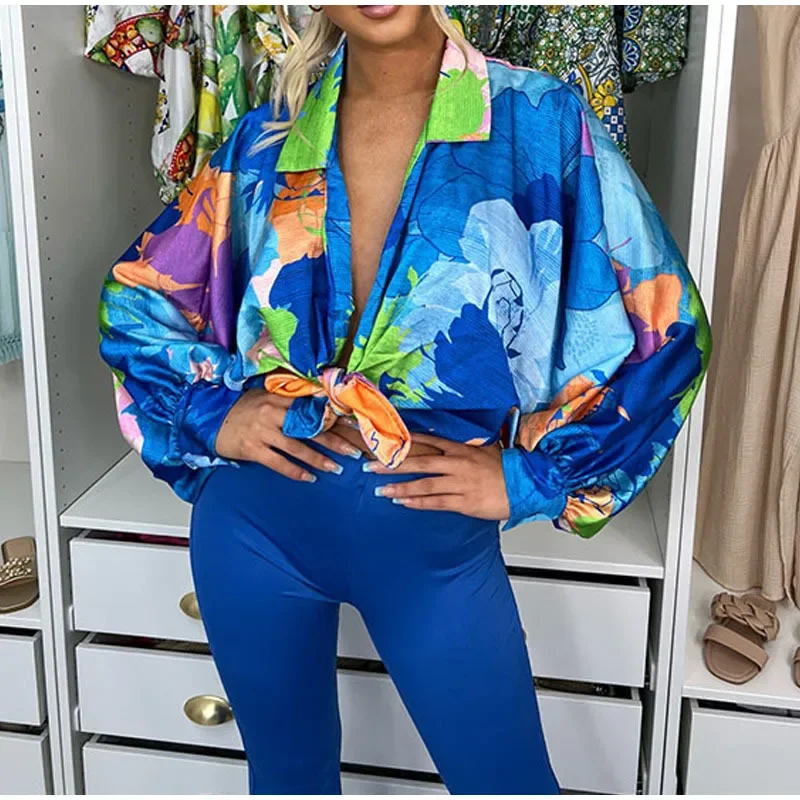 Sexy Gedruckt Übergroßen Frauen Shirt Spitze Up Lange Batwing Sleeve Revers Mode Strickjacke Weibliche Top 2022 Neue Frühjahr Straße shirts