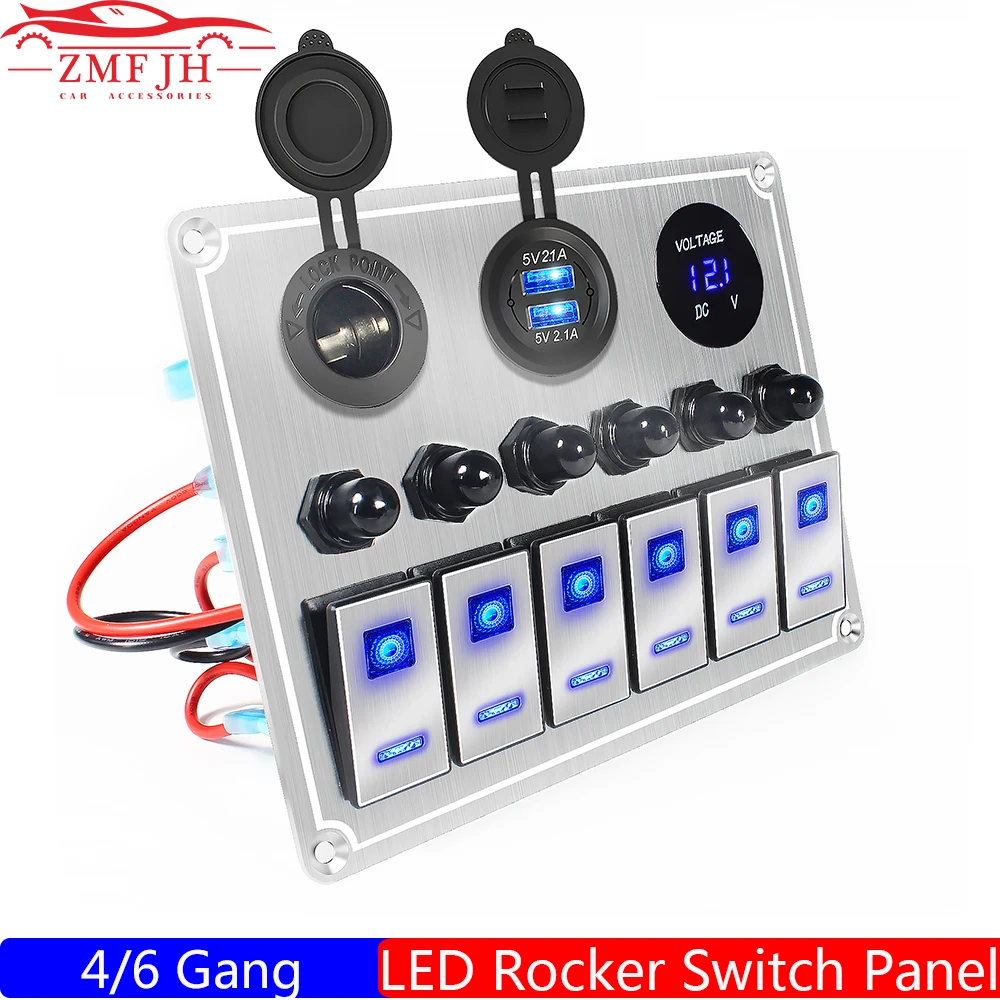 12V/24V Rocker Switch Panel For Truck Camper RV Yacht Marine Car 4/6 Gang Dual USB Slot Socket Digital Voltmeter Voltage Display