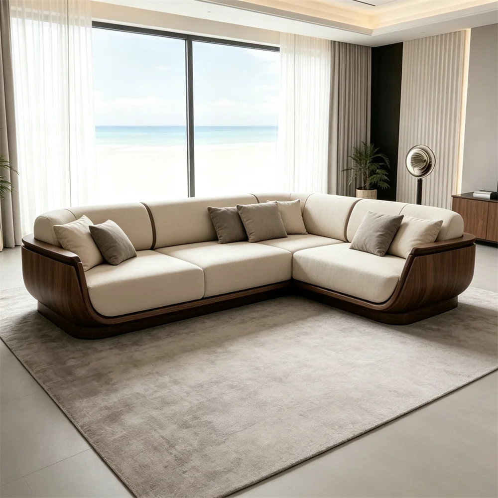 G*-Contemporary Curved Corner Sofa Set Frame Soft Beige Fabric Upholstered L-Shaped Sectional Sofa