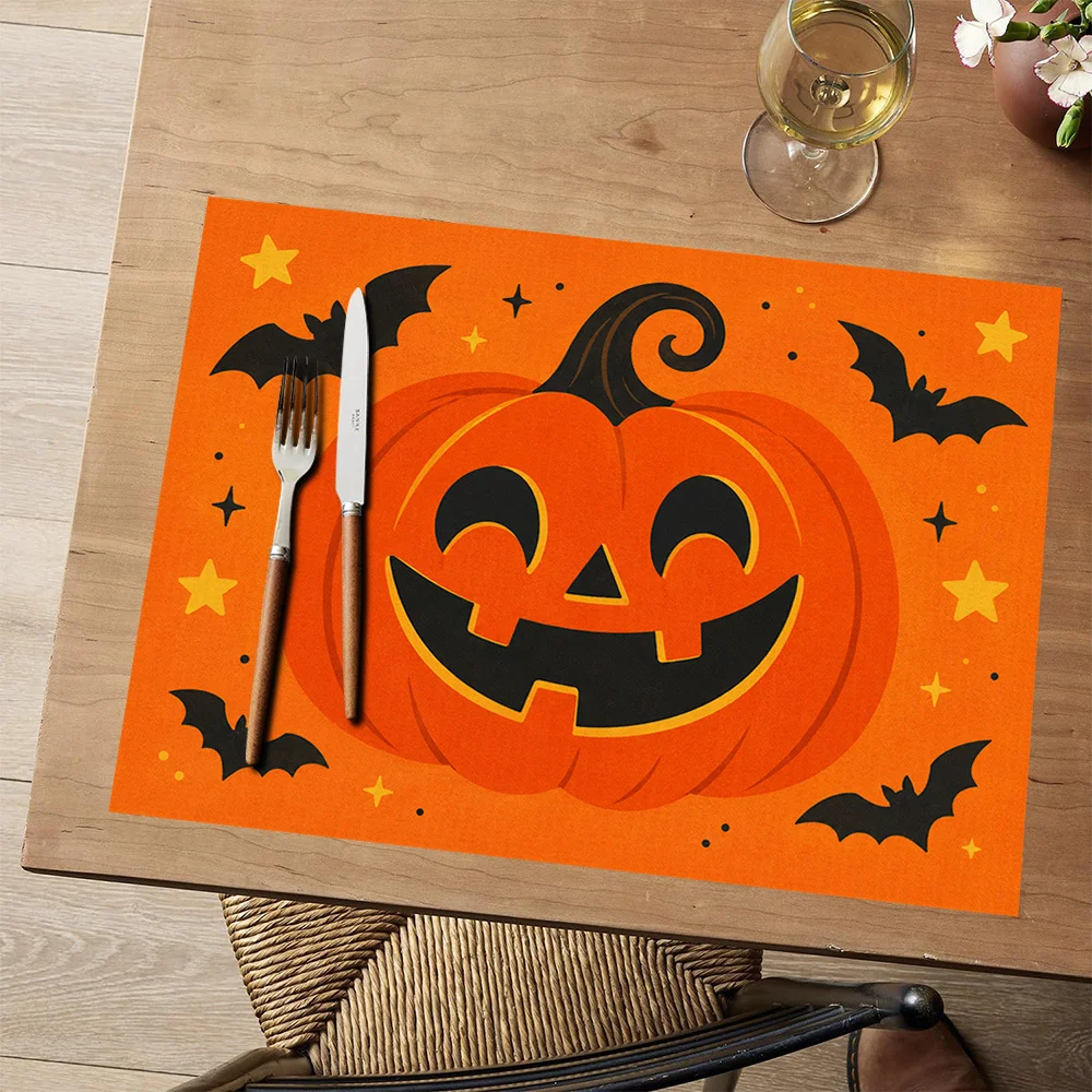 Smiling Pumpkin With Bats And Stars Pattern Placemats  Rectangular Polyester Suitable For Restaurant Decoration