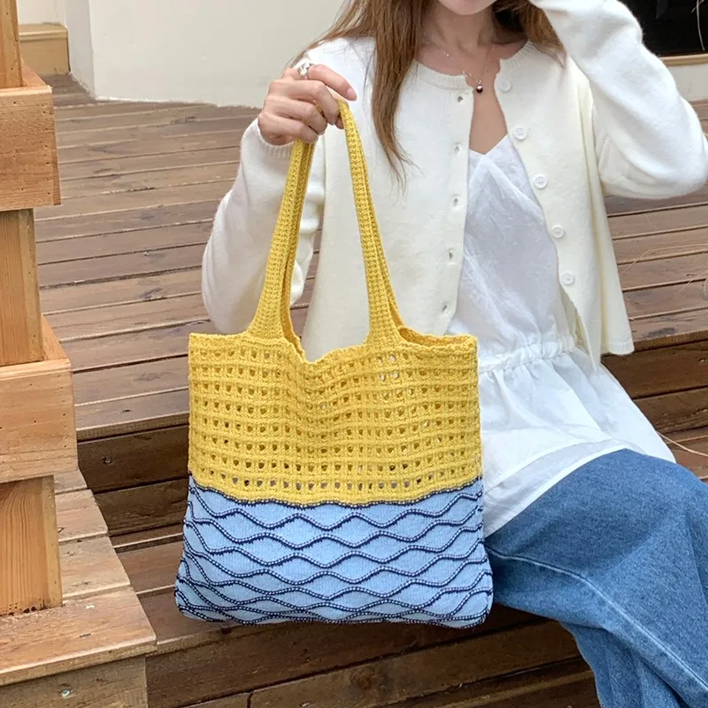 

1 шт., вязаная крючком сумка на плечо, ажурный вязаный кошелек, полиэстер, летняя пляжная сумка в стиле бохо для женщин, модный аксессуар через плечо в стиле бохо