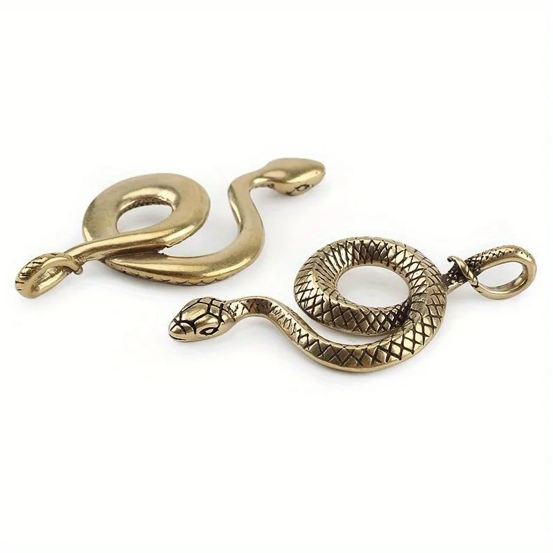 1/2Pcs Snake Zodiac Pendant Vintage Brass Snake Key Ring Outdoor Small Tool EDC Car Hanging Figurines Living Room Decoration view 3