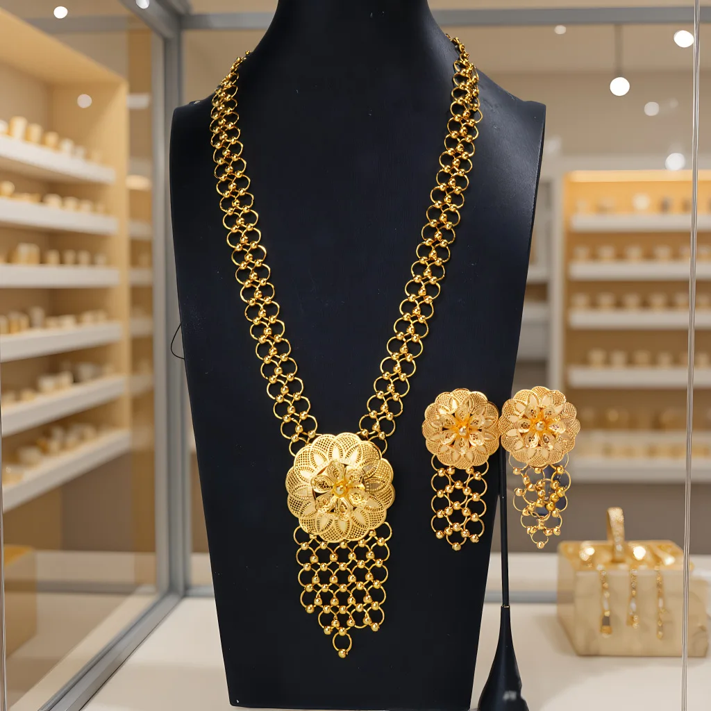 

Hollow Flower Necklace Earrings Set Women's 24K Gold AU999 - Exquisite flower jewelry set, youth-enhancing and trendy
