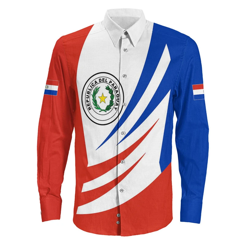 

Paraguay Flag Map 3D Print Shirts For Men Clothes Casual Long Sleeve Shirt National Emblem Lapel Blouse Coat Of Arms Button Tops