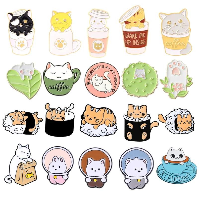 Cute Cat Collected Enamel Pins Creative Coffee Cup Cat Kawaii Pet Metal Badges Backpack Jewelry Accessories Gift For Cat Lovers