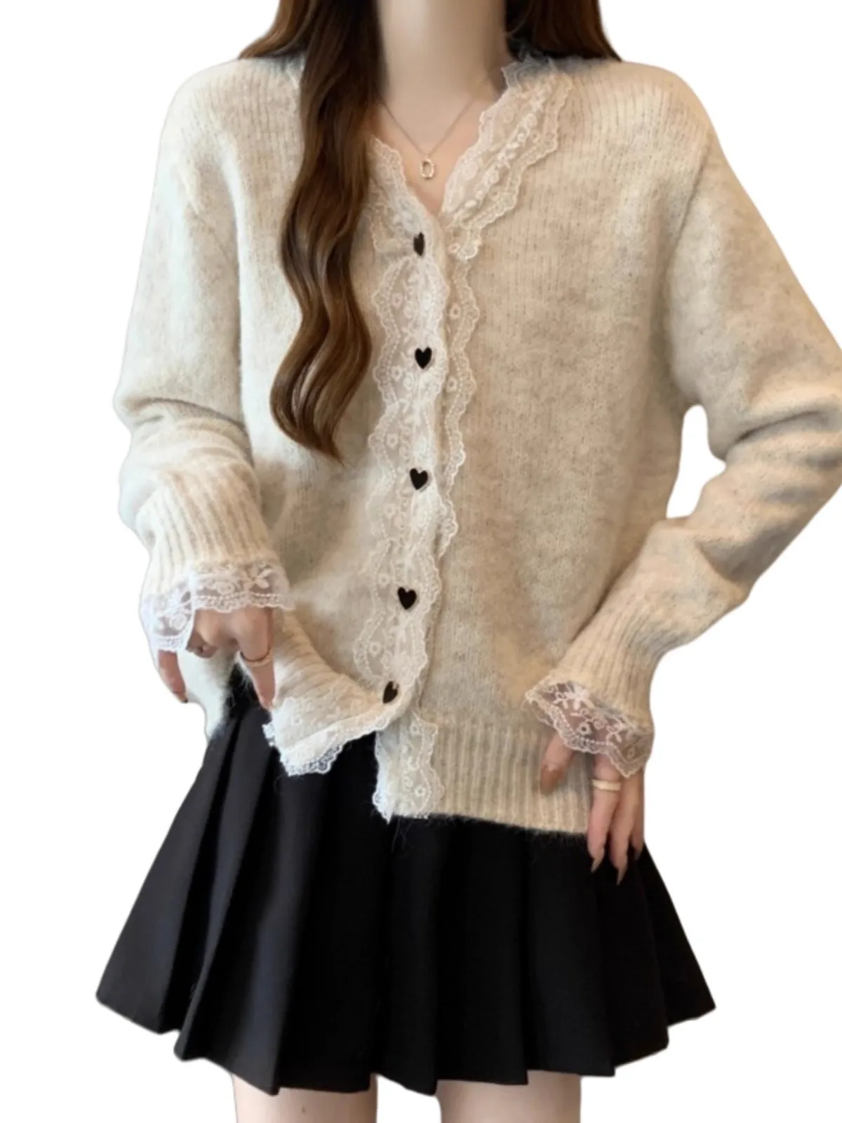 

Korean Sle Lace Splice V-Ne Sweater Jaet Women's Spring Autumn High School Junior High Students Big Kids Soft Knitted Top