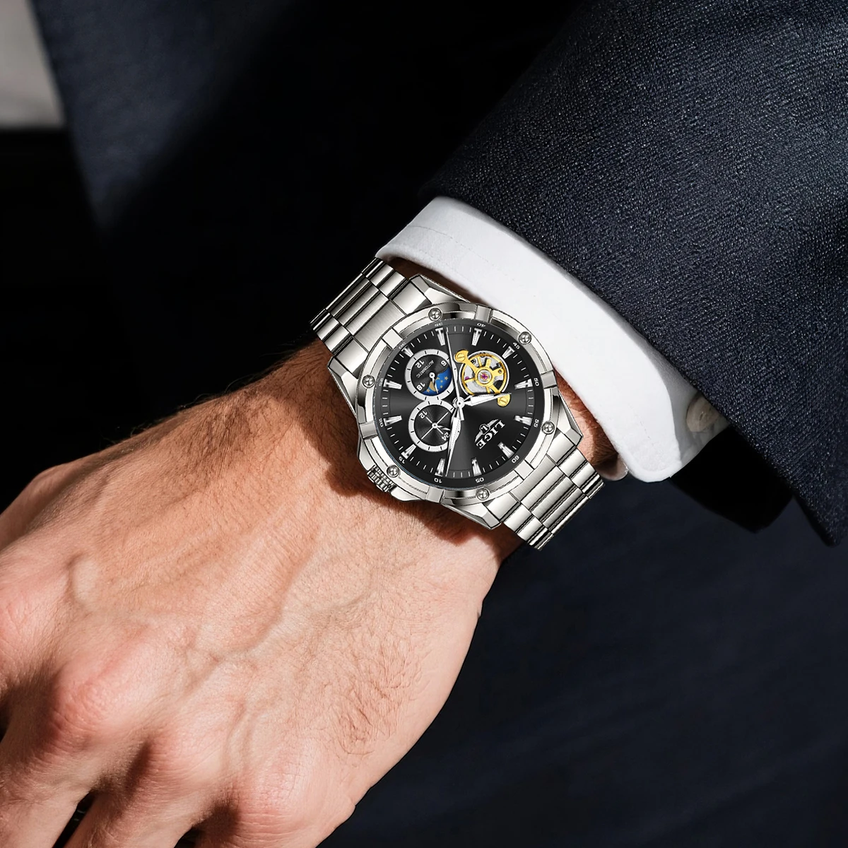LIGE Luxury Automatic Movement Watch Fashion Classic Casual Moon Phase Waterproof Luminous Stainless Mechanical Men's Wristwatch