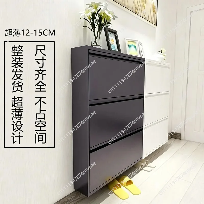 Ultra-Thin Steel Flip-Top Shoe Cabinet, Wall-Mounted Narrow Shoe Cabinet for Small Apartments and Entrance Foyer Storage