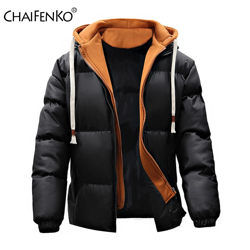 Man Winter Fashion Versatile Parka Leisure Thickening Keep Warm Cotton Clothes New Hooded Fake Two Items Solid Color Coats Man