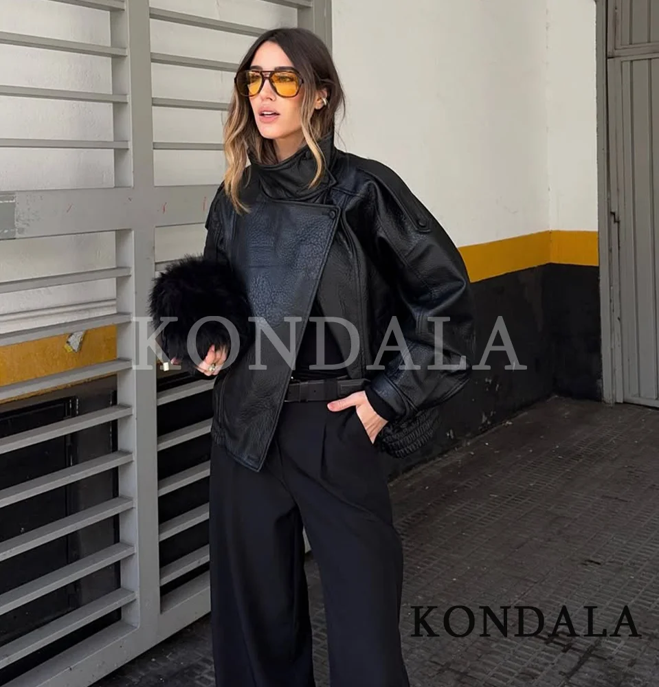 

KONDALA Trendy High Street Leather Jacket Women Fall Winter Stand-up Collar Faux Leather Zipper Jacket 2026 Fashion Lady Jacket