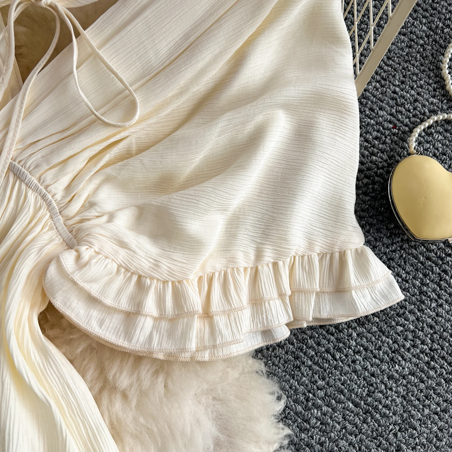 Francês vintage babados v frente de volta vestido longo verão senhora elegante grande balanço manga curta vestido sólido princesa bolo camada vestido