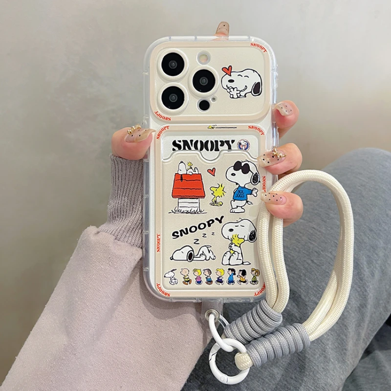 Cute Cartoon Peanut Snoopy Card Wallet Pocket Phone Case For iPhone 15 14 13 12 11 Pro Max Cases Soft TPU Cover With Lanyard