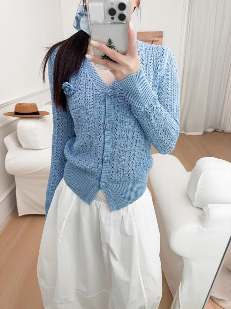 

Casual Loose V-ne Knitted Cardigan Flrooch Summer New Sle Korean Faion Slimming Hollow out Long Sve Women's Sw...