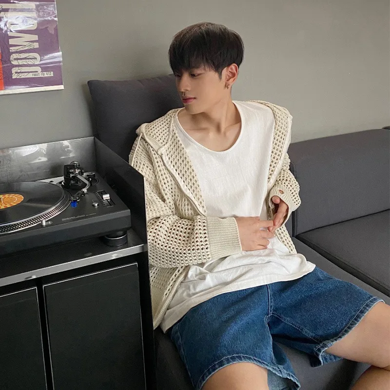 

High End Cardigan Sweater Men Ins High Street Hooded Hollow Knit Sweater Summer Thin Cut Sunscreen Couple Outfit Jacket