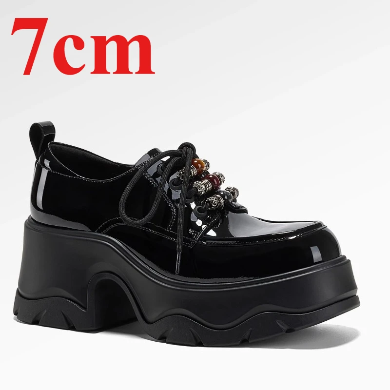 

Europe Fashion Bead 7cm Elevator Height Increasing Shoes for Women's Retro Platform Loafers Genuine Leather Casual Sports Shoes