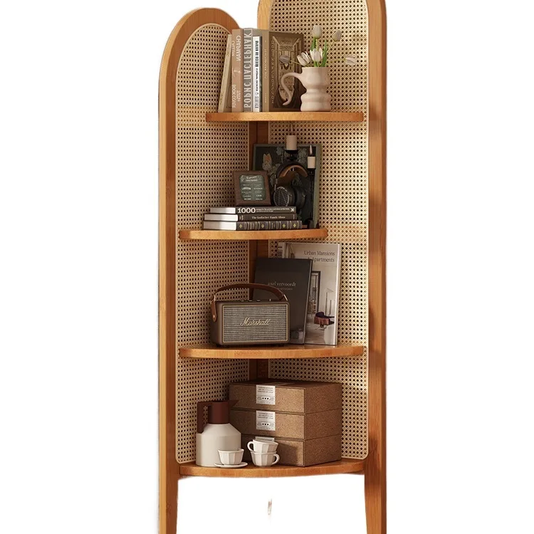Chinese retro rattan corner decoration shelf, living room sofa wall edge book cabinet, bedroom solid wood triple crutch screen