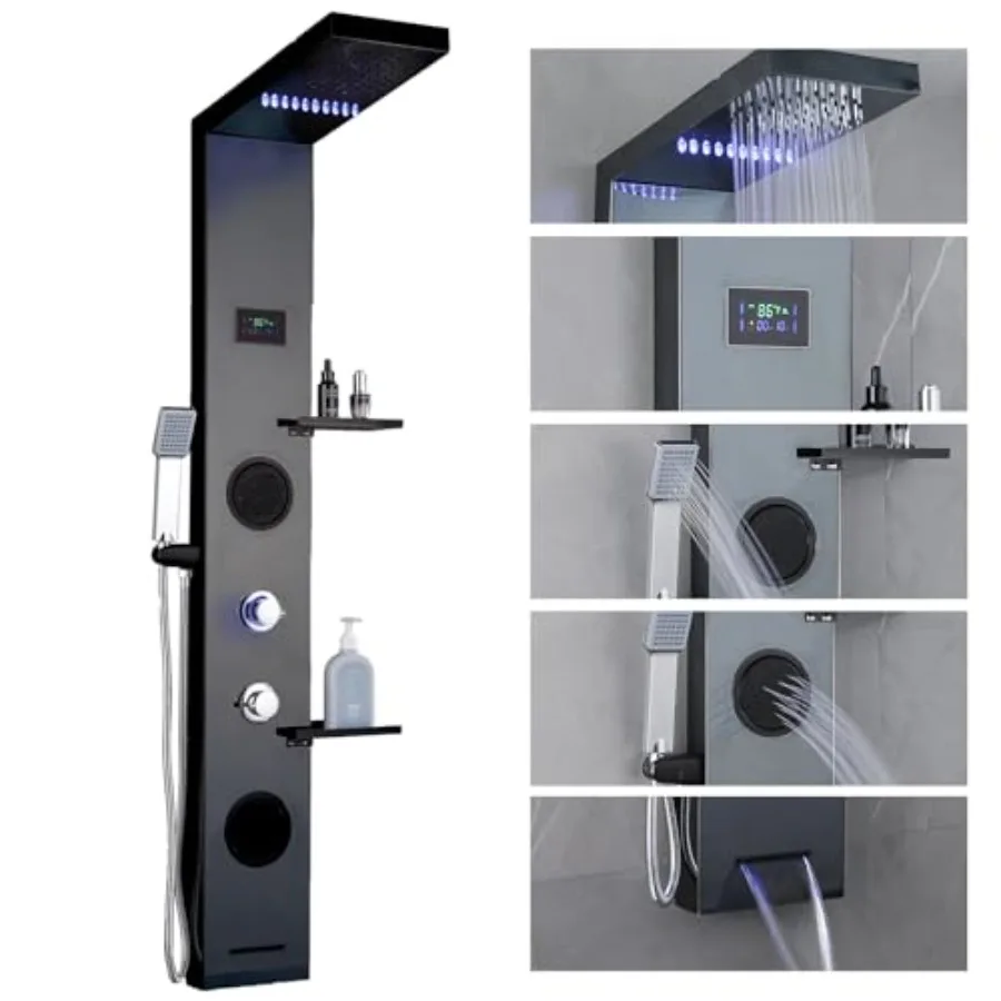 

Светодиодная душевая панель-башня черного цвета с полкой для хранения, ЖК-дисплеем температуры, из нержавеющей стали 304, с тропическим душем