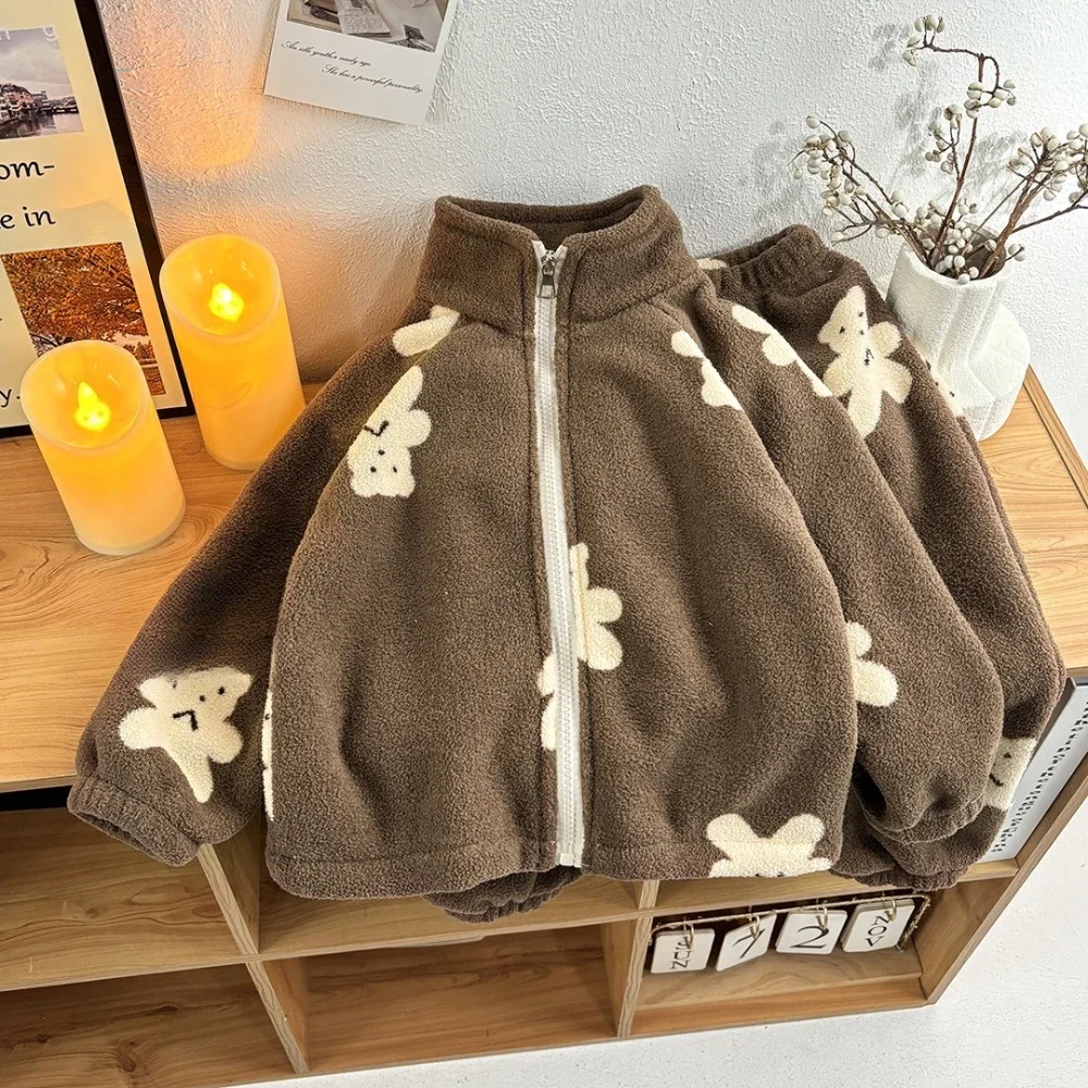 

Осенне-зимняя плотная детская одежда для девочек, куртка на молнии с длинными рукавами и штаны с мультяшным принтом, теплые детские комплекты в Корейском стиле