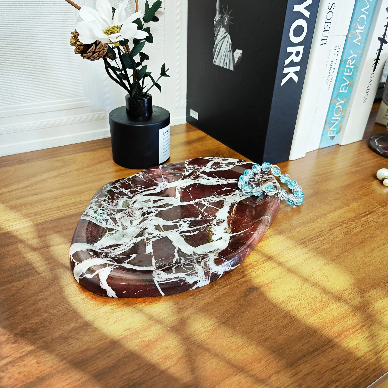 صينية رخام للمجوهرات والطعام والعناصر اليومية، منحوتة حجرية غير منتظمة، مناسبة لصينية تخزين ديكور المنزل وخزانة الزينة