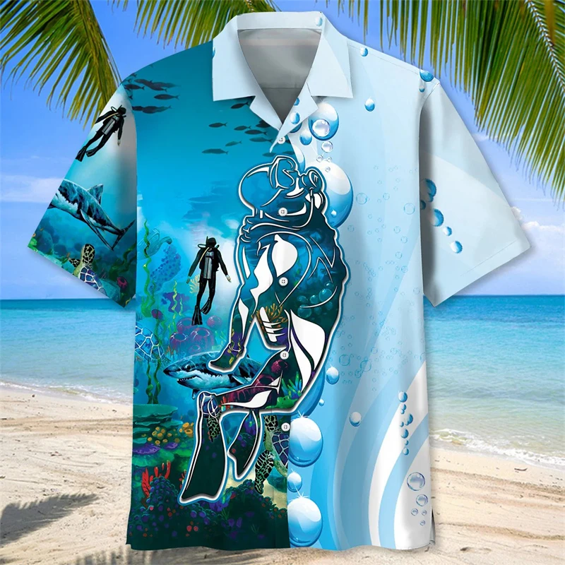 

Scuba Diving Shirt For Men Fashion Trendy Summer 3D Print Underwater Pattern Hawaiian Beach Shirts Casual Button Women Blouse