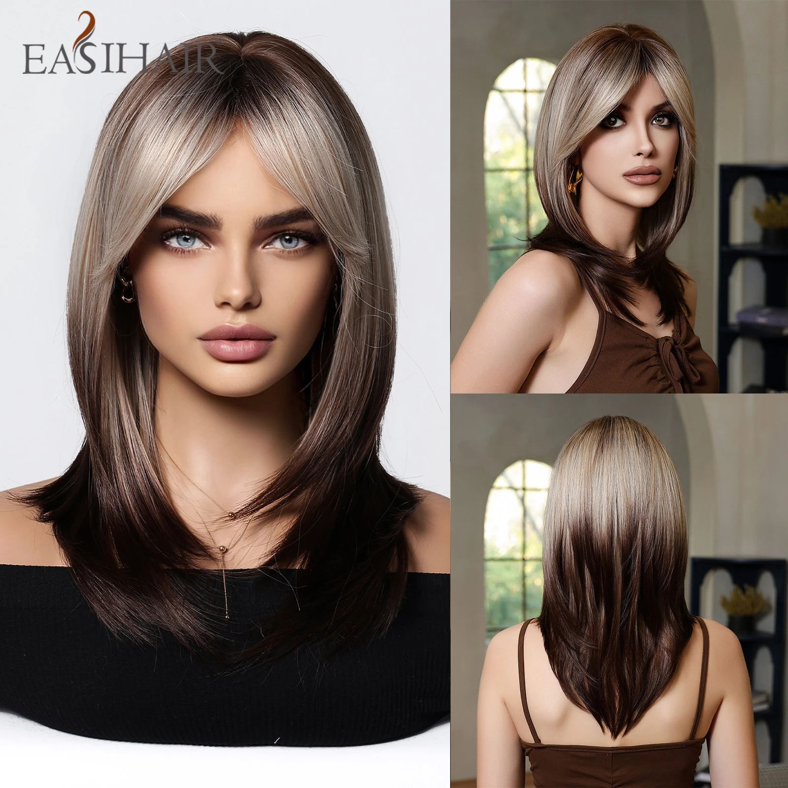 

EASIHAIR Chocolate Brown Blonde Ombre Synthetic Wigs Medium Length Natural Layered Hair Wig for Women Heat Resistant Daily Hair