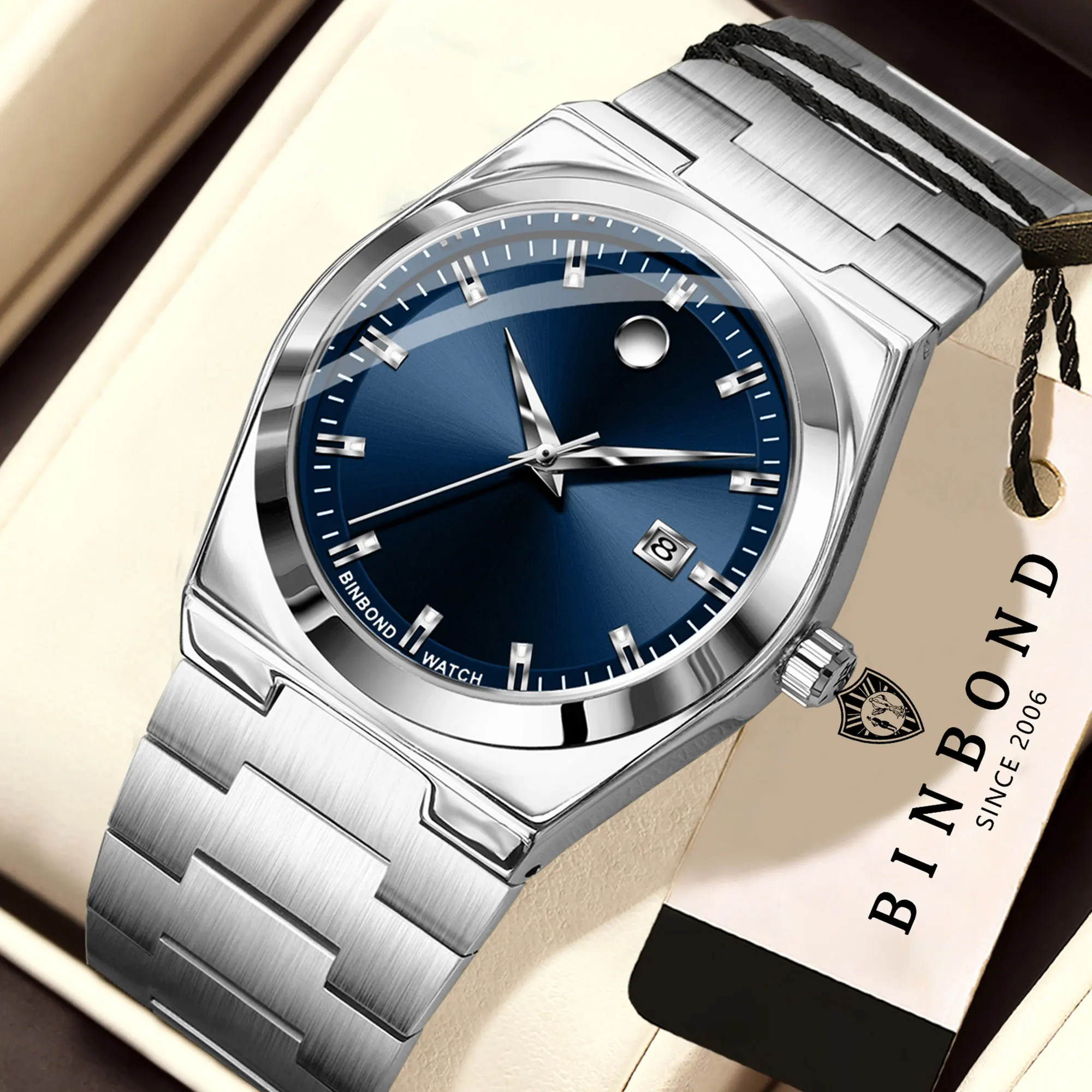 Montres à quartz précises BINBOND avec bracelet en acier inoxydable durable pour hommes, montres de luxe lumineuses, étanches, avec date automatique, montre pour homme, Reloj