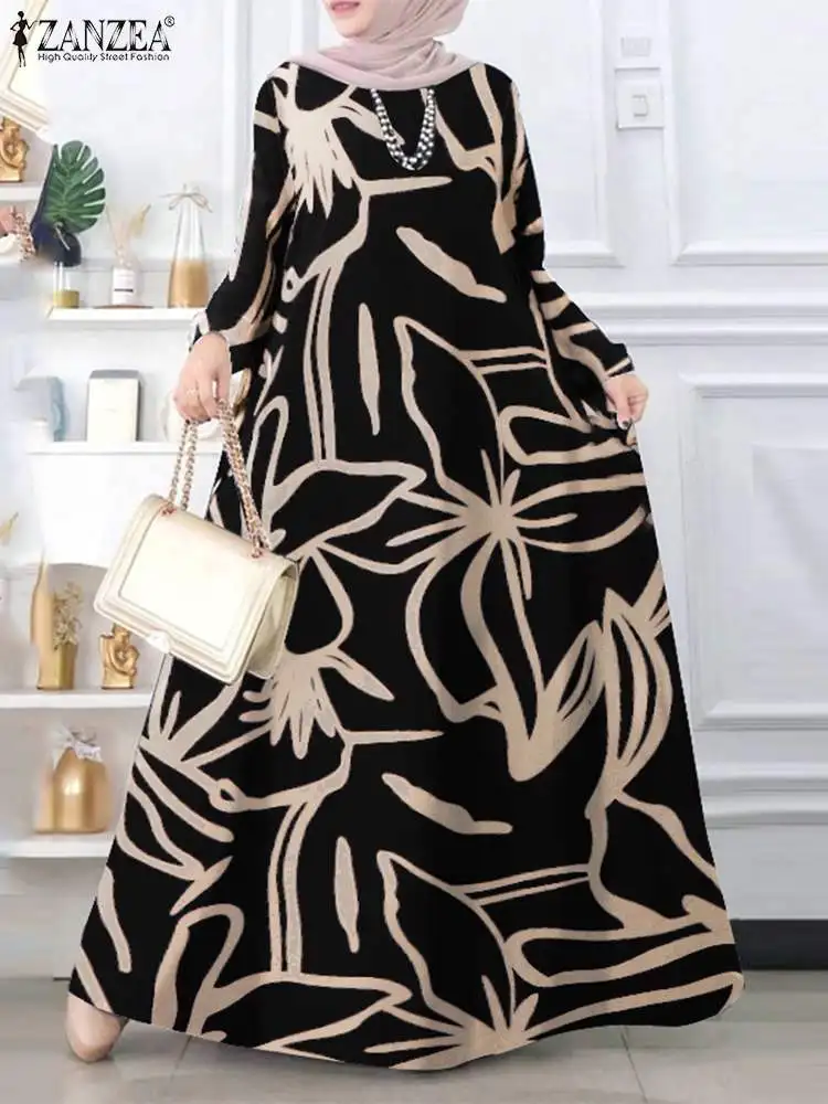 ZANZEA Women Elegant Floral Print Long Dresses 2024 Autumn Casual Loose Long Sleeve Islamic Abaya Robes Muslim O Neck Vestidos