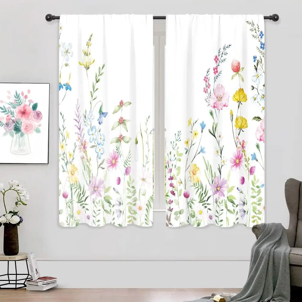 Watercolor Wildflower Botanical Curtains, Colorful Blossom Leaves Rod Pocket 2 Panels Drapes for Girls Bedroom Living Room Decor