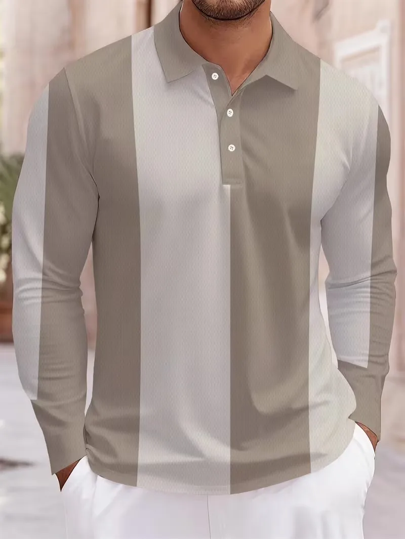 Autumn new fashion trend men's long sleeved POIO shirt, contrasting color splicing printed flip tie button casual men's top