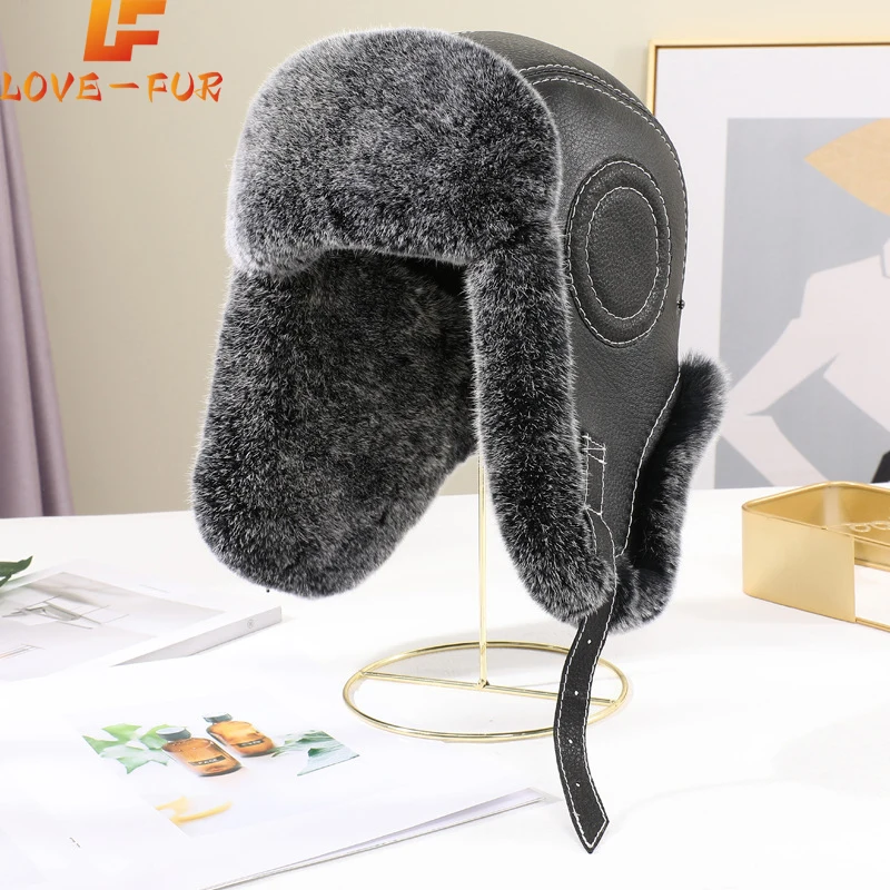 2024 Fashion Men Real Sheepskin Leather Winter Warm Real Rex Rabbit Fur Bomber Hat Ushanka Cap Trapper Russian Man Ski Hats Caps