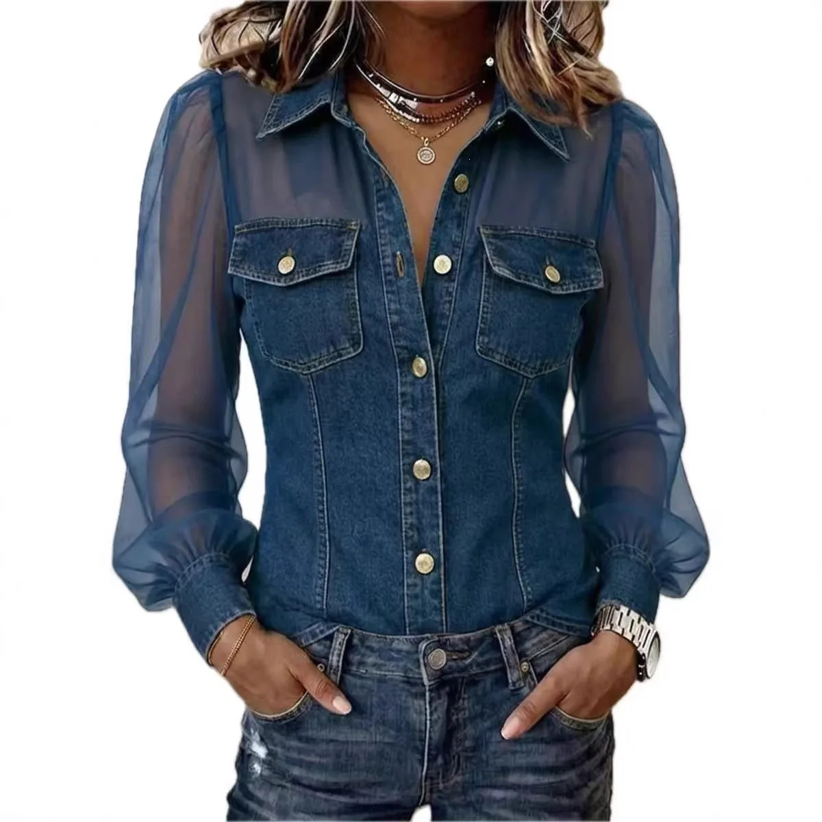 Kemeja Denim Mesh Modis Blus Kancing Elegan Dengan Saku Lengan Transparan Kemeja Kasual Streetwear Vintage Atasan Pakaian Harian