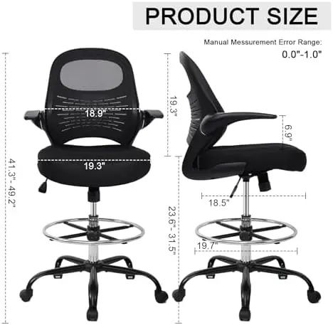 Drafting Chair Tall Office Chair with Flip-Up Armrests Ergonomic Computer Chair with Lumbar Support Adjustable Footrest