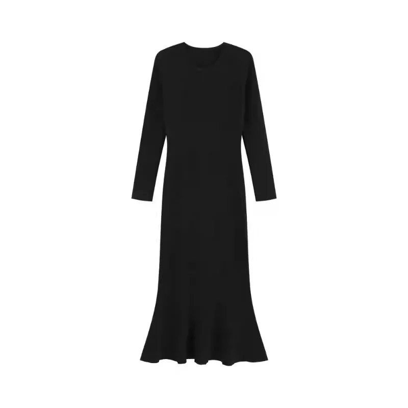 Elegant Black Long Sleeve Dress Winter Round Neck Bodycon Dress Waist Slimming Mermaid Maxi Dress for Women Casual Office Outfit