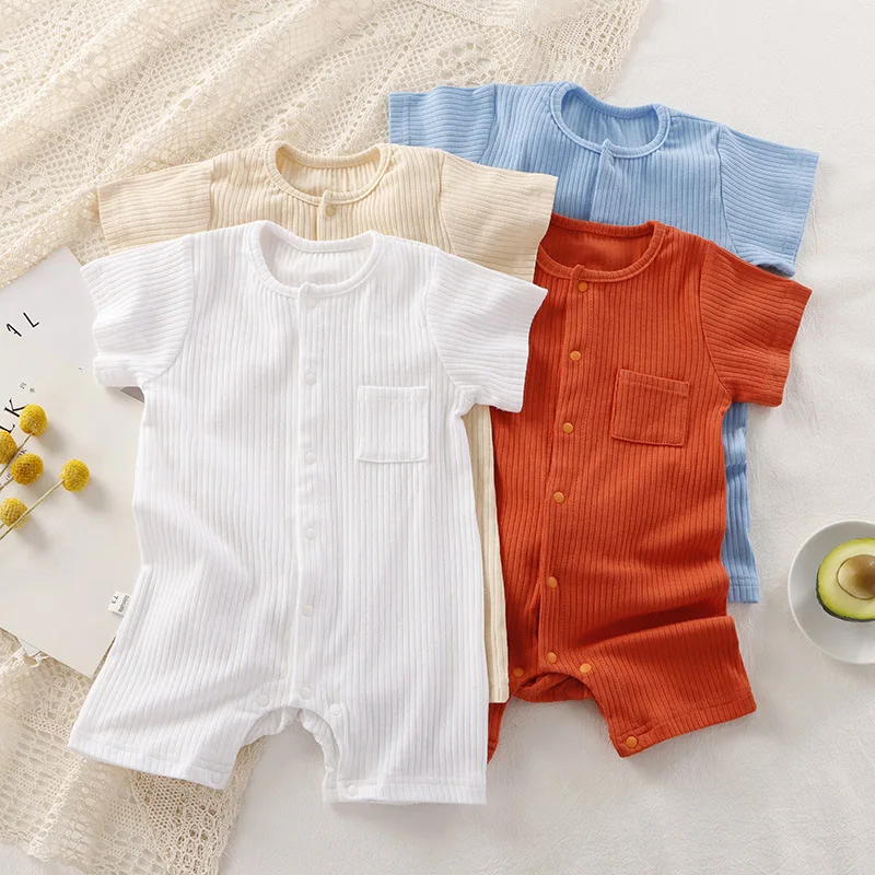 Baby Clothes Jumpsuit  Solid Color HaClothes Cute Cotton Pair Cardigan Children\'s Short Sleeved Crawling  Kids Clothes Boy Girl