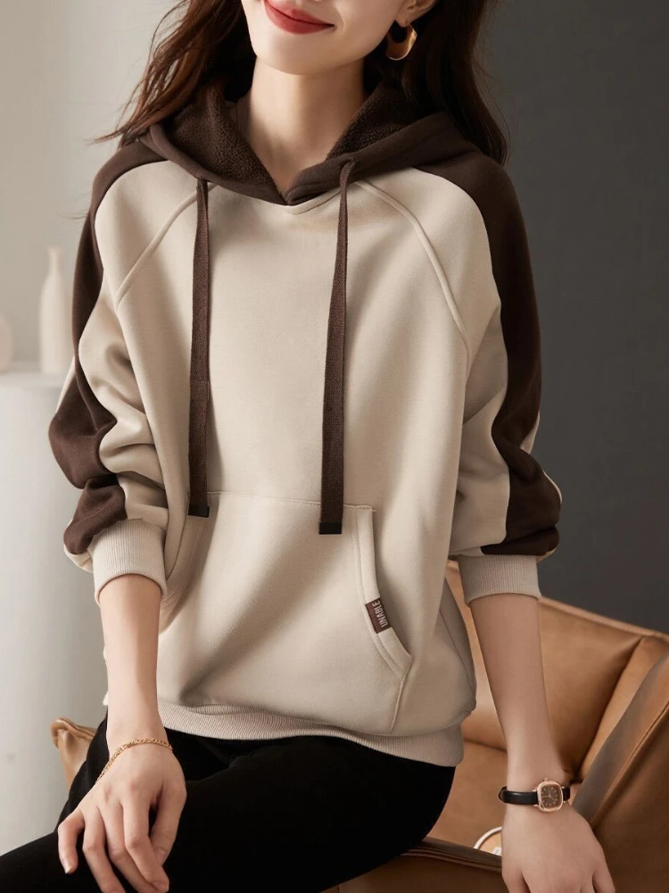 

Thick Hooded Sweatshirt for Women Autumn and Winter Long Woman Tops Khaki Contrasting Colors Hoodies Cold Warm Y2k Vintage Sport