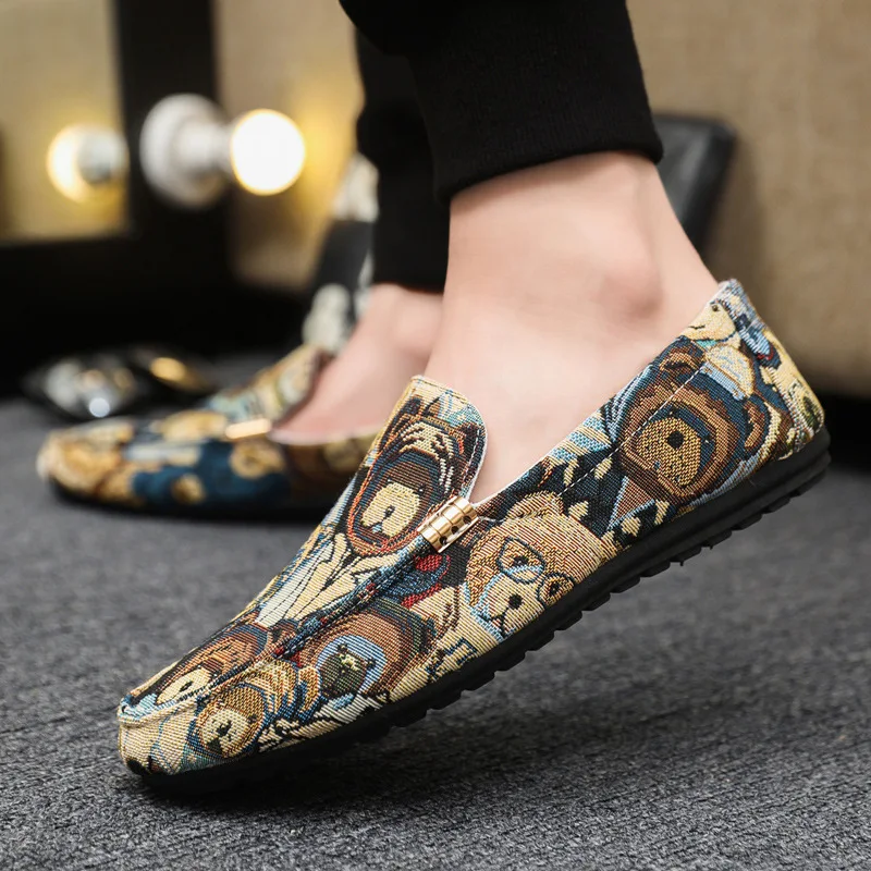 Summer breathable men's printed loafers Korean version one foot cloth shoes casual versatile bean shoes