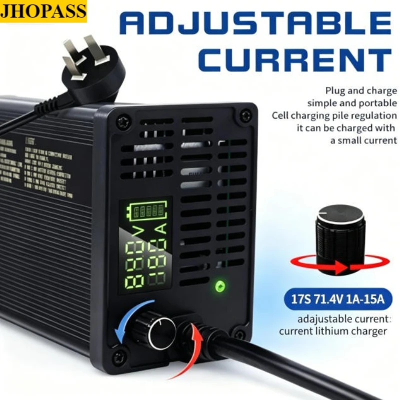 Adjustable Current 71.4V 1A to 15A LCD 17S Smart Li-ion LiFePO4 Lithium Charger 220V Forklift Truck Floor Scrubber UK EU AU Plug