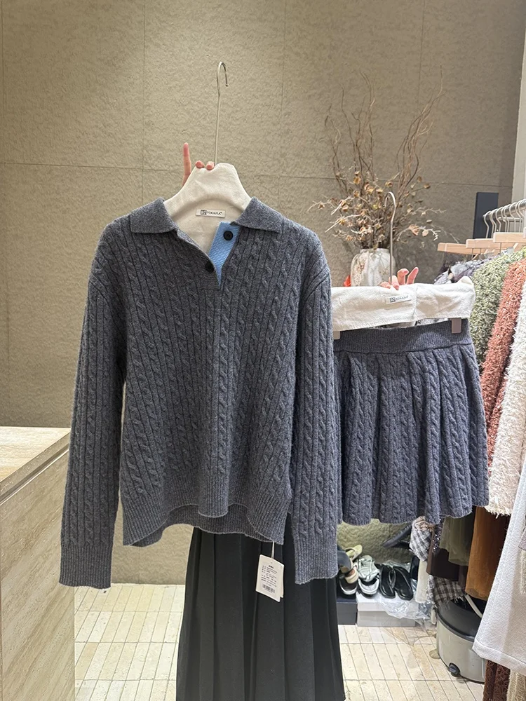 

Retro Twisted Knit ey College Sweater Set with orts Women's Soft Wool Long Sve Crew Ne Two-Piece Set Youth Faion