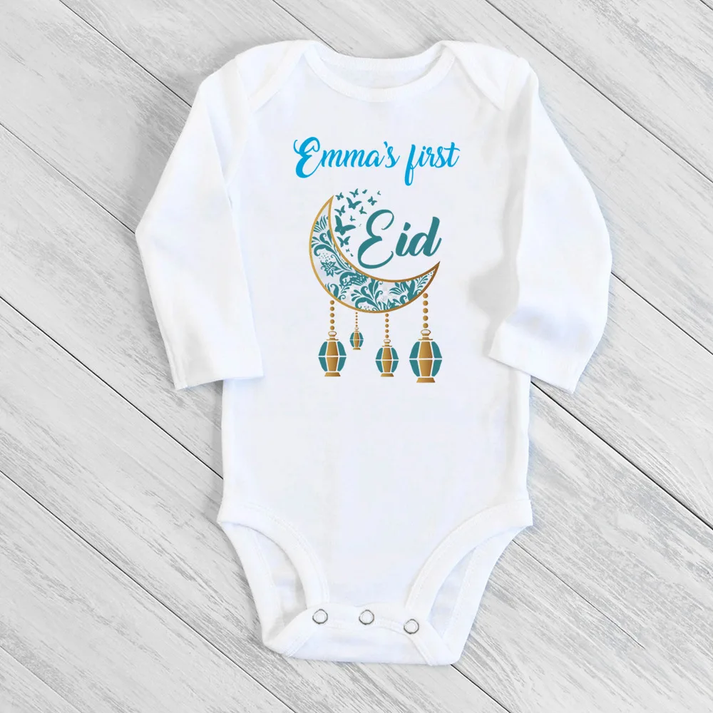 Peleles personalizados Eid para bebé, mono con nombre personalizado para niño y niña, ropa infantil islámica musulmana para vacaciones y recién