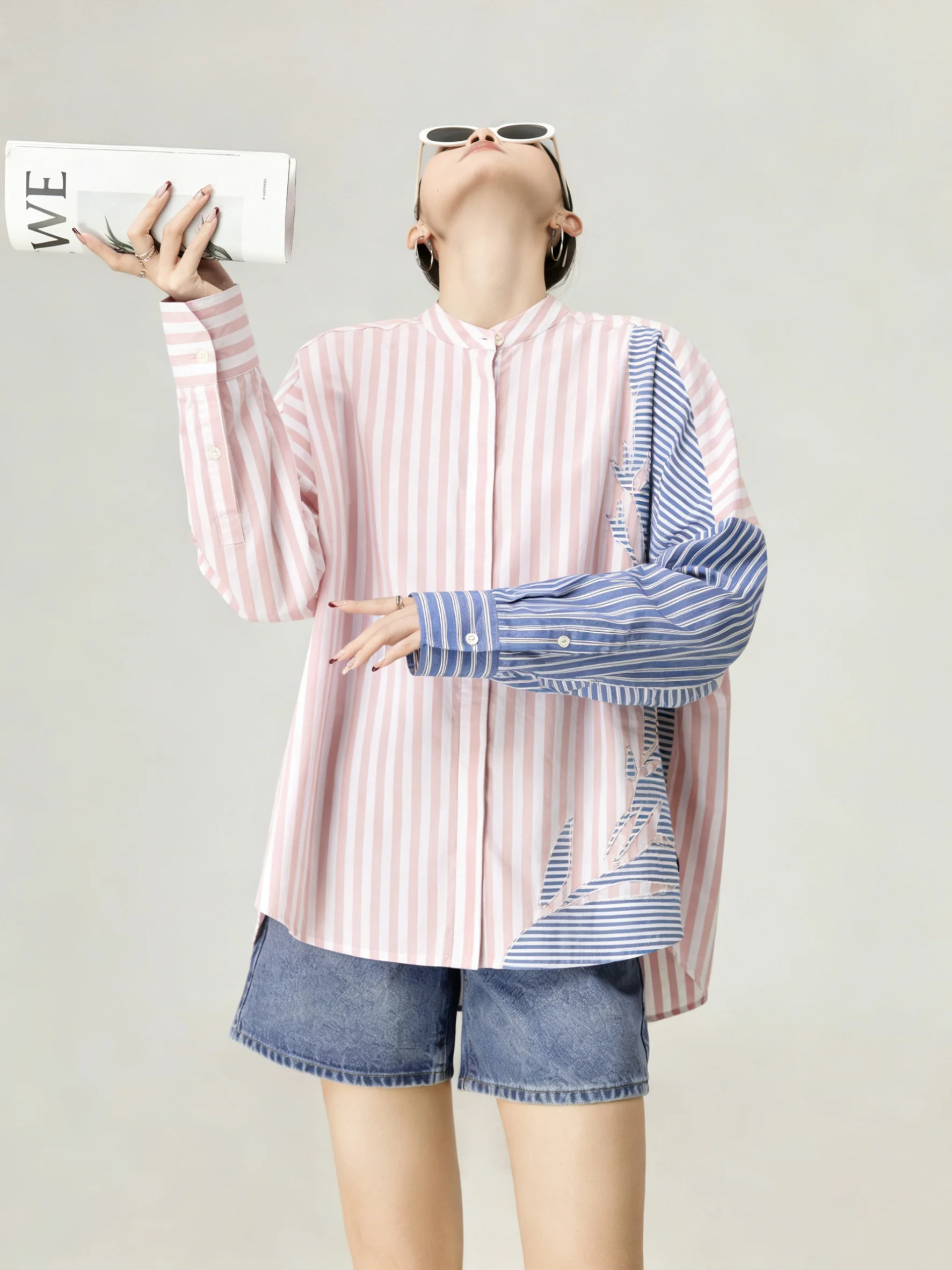 

Розовая и синяя полосатая женская рубашка с асимметричным воротником, повседневная, свободного кроя, с длинными рукавами, весенняя, модная, уникальная, красивая рубашка