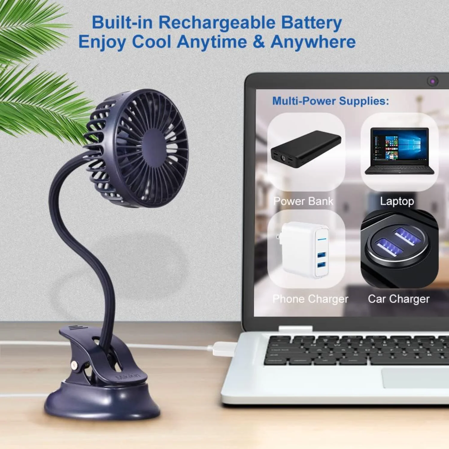 Clip on Small Mini Fan, Portable Usb Battery Operated Rechargeable Quiet Personal Desk/ Baby Stroller Fan 3 Speeds Flexible Neck