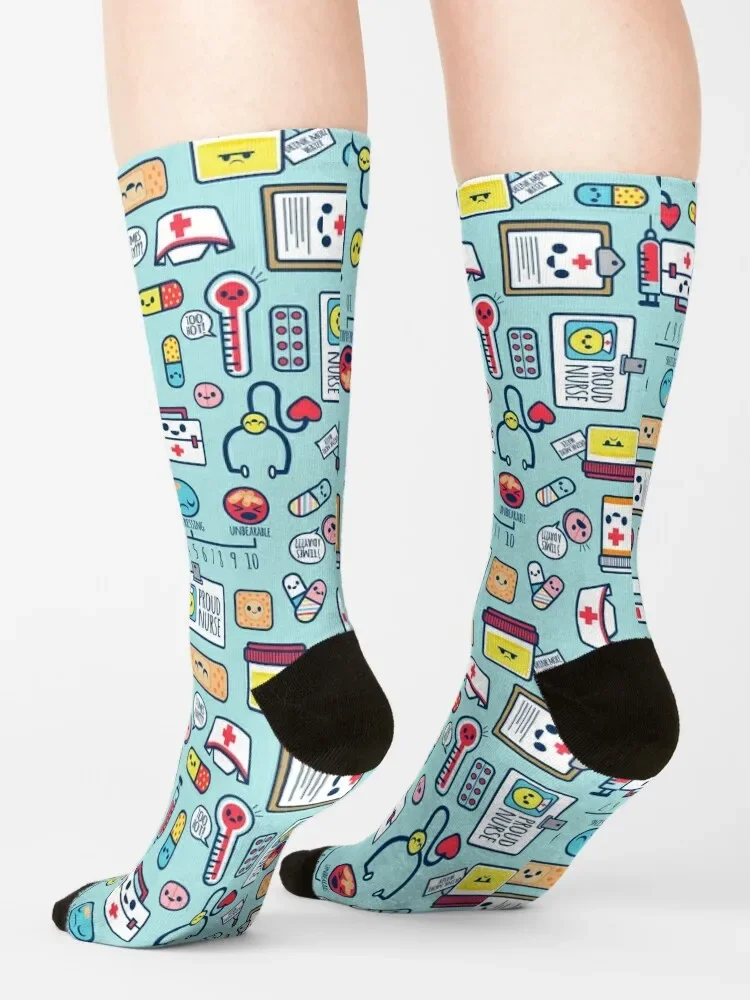 Calcetines de anime sueltos florales para hombres y mujeres, diseño de patrón de superficie, orgulloso de ser enfermera, azul