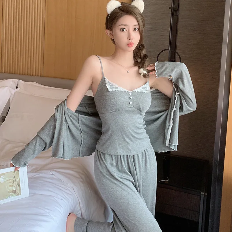 Three Piece Modal Pajamas Set Women Cotton Nightwear Lingerie Lace Sleepwear Spring Cami&pant&bathrobe Pyjamas Sleep Suit