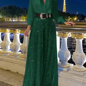 2024 Herbst neue Frauenmode mit V -Sleeve -Shirt eleganter sexy Ärmel mit Sex -Ausschnitt seilviert das glückliche Limarbein 10 Hauptverkaufs -Pailletten -Jumpsuit - №1