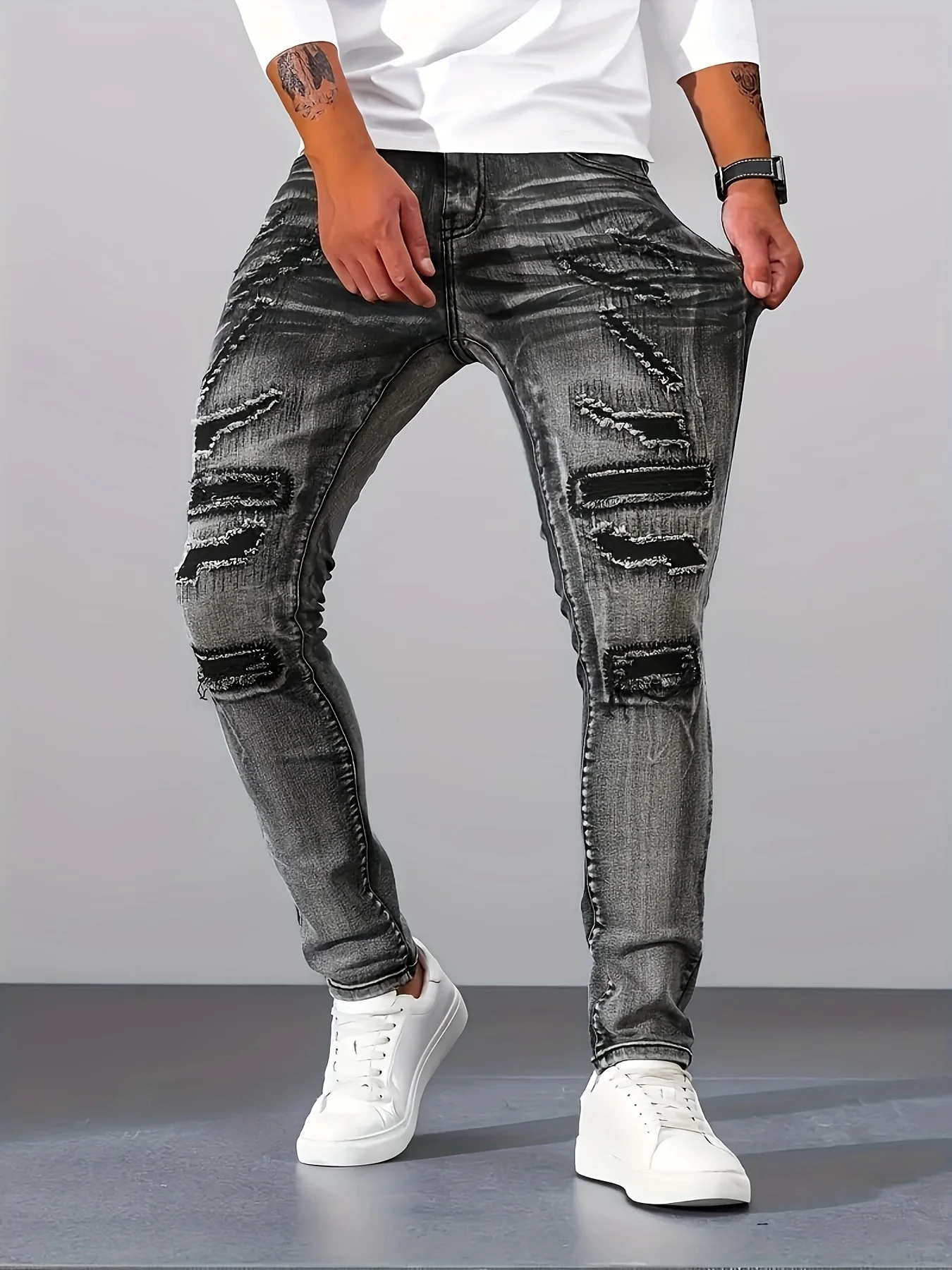 

Узкие модные джинсы Little Feet, мужские прямые лоскутные эластичные узкие джинсовые брюки, серебристо-серые уличные брюки, мужская одежда
