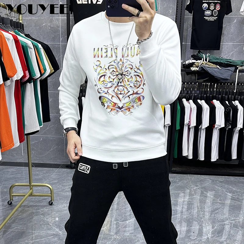 Men's Pullover Plush Rhinestone Heavy Craft Round Neck Hoodie Long Sleeved T-shirt Bottom Shirt Top Male Winter Out Wear Clothes