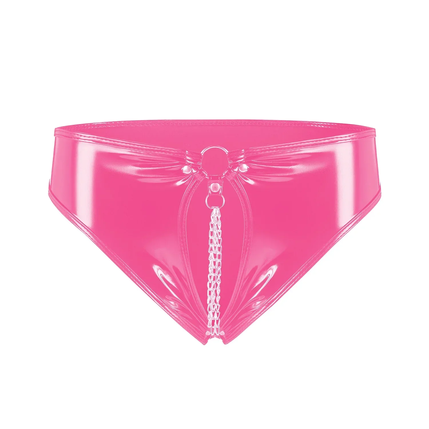 

Women's Erotic Crotchless with Chain Underpants Glossy PVC Leather Front Open Underwear Low Rise Panties Sexy Shiny Latex Briefs